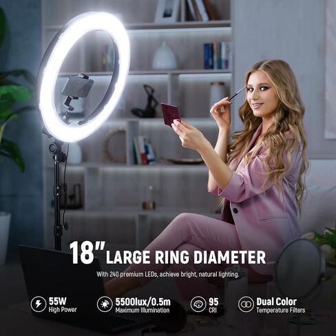 مصباح حلقة Neewer مقاس 18 بوصة، ضوء 55 وات قابل للتعتيم 5500 كلفن مع فلتر ألوان 240 مصباح LED، وأنبوب ناعم وحقيبة حمل لليوتيوب، وتيك توك، وصور السيلفي والتصوير الفوتوغرافي، متوافق مع الكاميرا والهواتف الذكية in Saudi Arabia