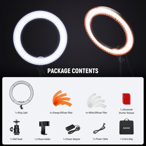 مصباح حلقة Neewer مقاس 18 بوصة، ضوء 55 وات قابل للتعتيم 5500 كلفن مع فلتر ألوان 240 مصباح LED، وأنبوب ناعم وحقيبة حمل لليوتيوب، وتيك توك، وصور السيلفي والتصوير الفوتوغرافي، متوافق مع الكاميرا والهواتف الذكية in Saudi Arabia