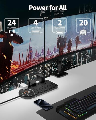 24 Outlet Surge Protector Power Strip with 6 USB,8FT Cord for Gaming,3400J in Kuwait
