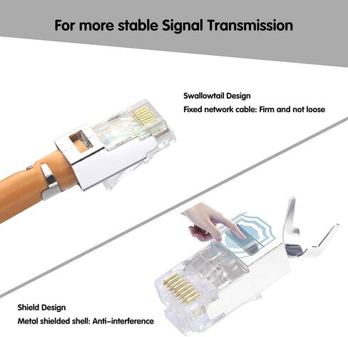 VCELINK CAT6A Connector, RJ45 Connectors Pass Through CAT6A CAT7 Shielded 30-Pack, UL-Listed 3-Prong 50μ Gold Plated, CAT7 Connector for 23AWG Cable with Strain Relief Boots Black (Gen 2) in Kuwait