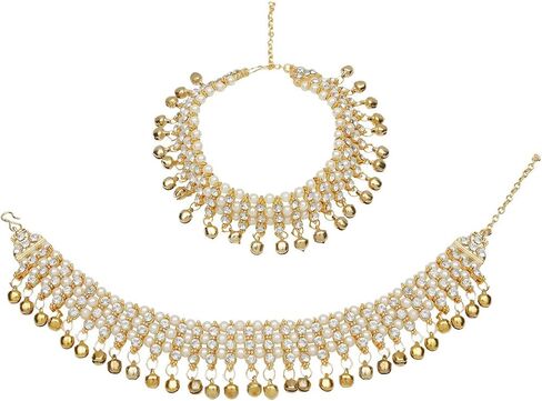 Efulgenz Indian Bollywood Faux Kundan Pearl Wedding Bridal Anklet Pair Bells Bracelet Payal Foot Jewelry (Pearl, Multi, One Size) in Kuwait