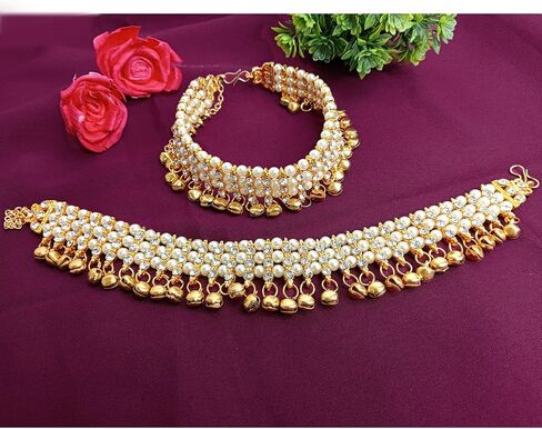 Efulgenz Indian Bollywood Faux Kundan Pearl Wedding Bridal Anklet Pair Bells Bracelet Payal Foot Jewelry (Pearl, Multi, One Size) in Kuwait