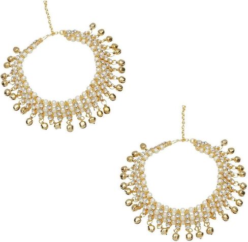 Efulgenz Indian Bollywood Faux Kundan Pearl Wedding Bridal Anklet Pair Bells Bracelet Payal Foot Jewelry (Pearl, Multi, One Size) in Kuwait