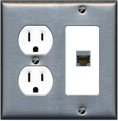 15 Amp Round Power Outlet 1 Port Cat6 Shielded Ethernet Wall Plate White in Kuwait