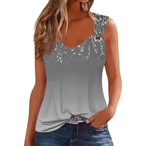 Womens Tank Tops Cut Out Ring Keyhole Print T Shirts V Neck Sleeveless Tunic Tops Fashion Comfy Basic Tee