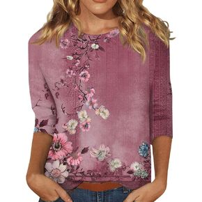 Womens 3/4 Sleeve Tops Floral Printed Trendy Tunics Round Neck Pullover Vacation Tops Dressy Plus Size Blouses