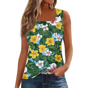 FlekmanArt Tank Top for Women Printed Square Neck Basic Tee Pleated Sleeveless Vacation T Shirts Casual Fashion Tunic Tops