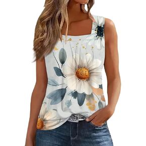 FlekmanArt Tank Tops for Women Pleated Sleeveless Tunic Tops Square Neck Printed Trendy T Shirts Comfy Loose Fit Basic Tee
