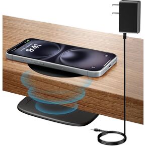 KPON Under Desk Wireless Charger, 0-30mm Invisible Wireless Phone Charger, Dual Uses On and Under Table Wireless Charging Pad for Furniture Nightstand (QC3.0 Adapter Included)