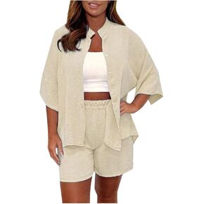 Summer Linen Set for Women Short Sleeve Button down Shirt Shorts Tracksuit Lounge Set Going out Outfits Y2k Clothes