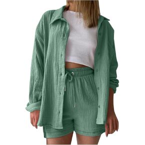 2 Piece Linen Set for Women Long Sleeve Button down Shirt and Shorts Tracksuit Lounge Set Matching Sets Women Clothing