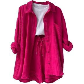 Linen Shorts Set for Women Long Sleeve Button down Shirt and Shorts Tracksuit Lounge Set Plus Size Maternity Clothes