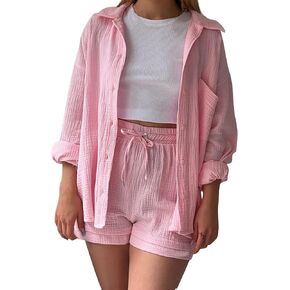 Linen Set for Women Long Sleeve Button down Blouse and Shorts Matching Sweatsuit Sets Fashion Trendy Clothes