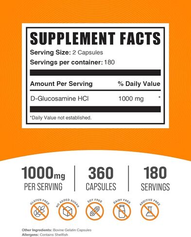 BULKSUPPLEMENTS.COM كبسولات الجلوكوزامين HCl - الجلوكوزامين 1000 مجم، مكمل الجلوكوزامين، كبسولات الجلوكوزامين - مكملات المفاصل، خالية من الغلوتين، 2 كبسولة لكل وجبة، 360 كبسولة in Kuwait