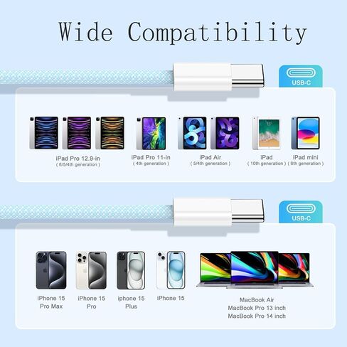 USB C to USB C, 240W USB C Cable, 6.6ft C to C Cable Fast Charging for Macbook Pro/Macbook Air, iPad Pro 12.9-inch, iPhone 15/Pro Max/Pro/Plus, Samsung Galaxy S23,Compatible 140W/100W /65W/45W/35W/20W in Saudi Arabia