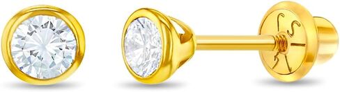 14k Yellow Gold Tiny 3-4mm Bezel Set Solitaire CZ Screw Back Earrings for Young Girls - Size Small Round Screw Backs for Babies, Infants & Toddlers in Saudi Arabia
