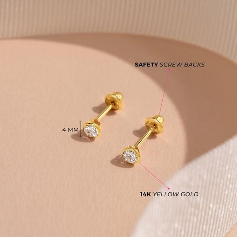 14k Yellow Gold Tiny 3-4mm Bezel Set Solitaire CZ Screw Back Earrings for Young Girls - Size Small Round Screw Backs for Babies, Infants & Toddlers in Saudi Arabia