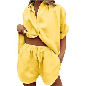 Linen Set for Women Short Sleeve Button down Shirt and Shorts Tracksuit Lounge Set Travel Outfits Resort Wear 2025