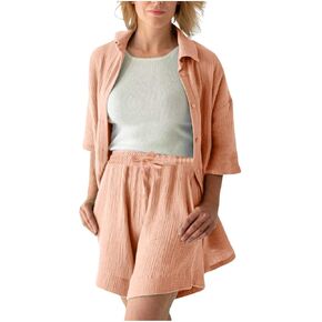 Linen Set for Women Button down Shirt Top and High Waist Shorts Casual Lounge Sets Loungewear Track Suits Sweat Suit