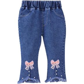 Toddler Girls Jeans Baggy Denim Jeans Wide Leg High Waisted Bowknot Denim Pants Fashion Lightweight Casual Pants with Pockets