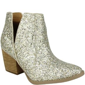 Not Rated Fiera High Heel V-Cut Boot, Sparkly Ankle Boots for Women with Almond Toe, Dress Shoe with 2-3/4" Stacked Block Heel
