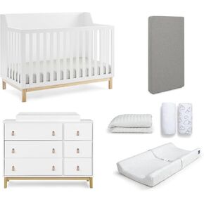 Delta Children Gap babygap Oxford Crib 7-Piece Baby Nursery Furniture Set-Includes: Convertible Crib, 6 Drawer Dresser, Changing Top, Crib Mattress, Mattress Pad, Sheets, Changing Pad, Ebony/Natural