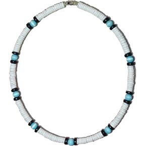 Native Treasure White Clam Heishe Puka Shell Necklace Blue Cat-Eye Black Coco Surfer Necklace Choker- 8mm (5/16") in Kuwait