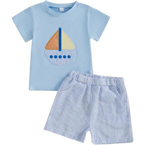 Gueuusu Toddler Baby Boy Summer Outfit Sailboat Embroidery Short Sleeve T Shirt Striped Shorts Set Infant Beach Clothes