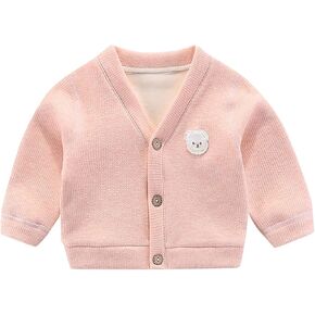Winter Knitted Sweater Shirt for Baby Boys Girls Padded Cardigan Jacket V Neck Button Bear Pattern Daily Wear