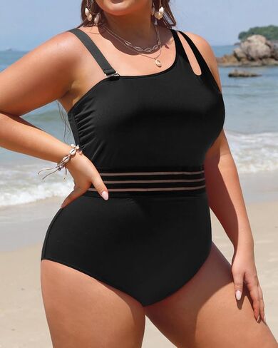 Aqua Eve Plus Size One Piece Swimsuit One Shoulder Bathing Suit Tummy Control Keyhole Swimwear in Kuwait