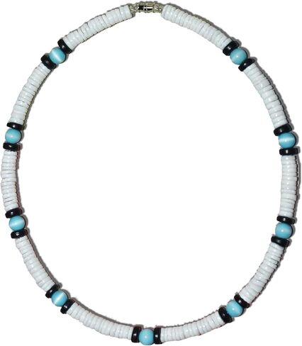 Native Treasure White Clam Heishe Puka Shell Necklace Blue Cat-Eye Black Coco Surfer Necklace Choker- 8mm (5/16") in Kuwait