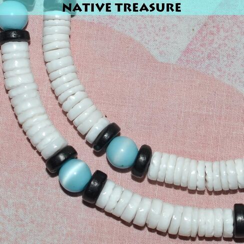Native Treasure White Clam Heishe Puka Shell Necklace Blue Cat-Eye Black Coco Surfer Necklace Choker- 8mm (5/16") in Kuwait