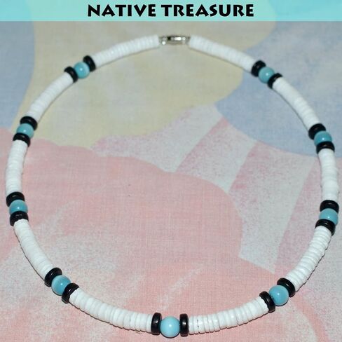 Native Treasure White Clam Heishe Puka Shell Necklace Blue Cat-Eye Black Coco Surfer Necklace Choker- 8mm (5/16") in Kuwait