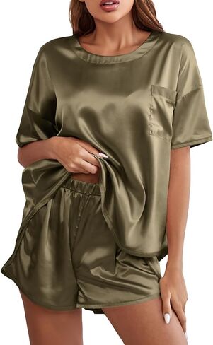 LYANER Women's Satin Silky Pajama Set Short Sleeve T-shirt With Shorts Set PJ Loungewear in Kuwait