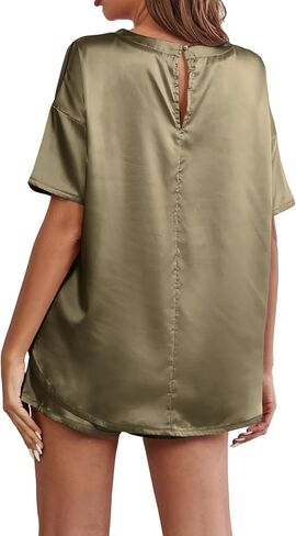 LYANER Women's Satin Silky Pajama Set Short Sleeve T-shirt With Shorts Set PJ Loungewear in Kuwait