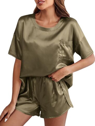 LYANER Women's Satin Silky Pajama Set Short Sleeve T-shirt With Shorts Set PJ Loungewear in Kuwait