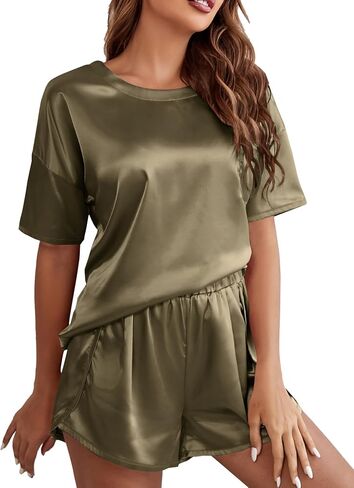 LYANER Women's Satin Silky Pajama Set Short Sleeve T-shirt With Shorts Set PJ Loungewear in Kuwait