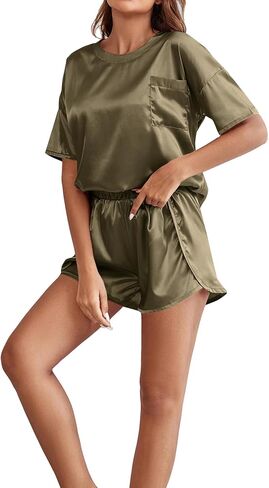 LYANER Women's Satin Silky Pajama Set Short Sleeve T-shirt With Shorts Set PJ Loungewear in Kuwait