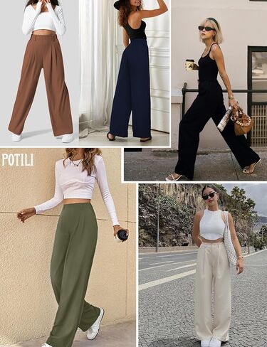 POTILI Wide Leg Pants for Women Elastic High Waisted Palazzo Pants Straight Leg Flowy Casual Work Trousers with Pockets in Kuwait