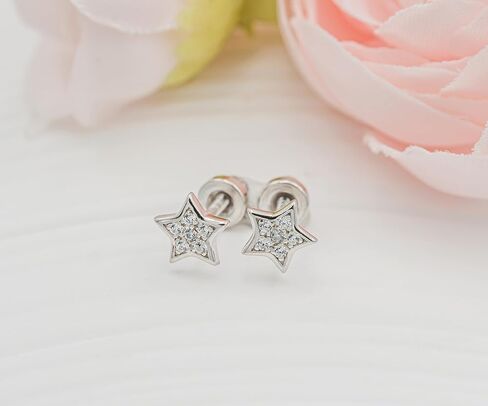 Children's Sterling Silver Star Screw Back Earrings with Tiny CZ Stones in Saudi Arabia