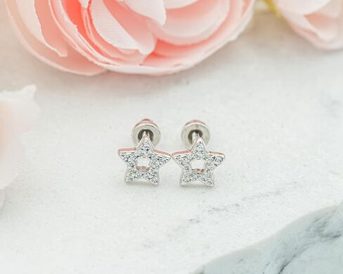Children's Sterling Silver Star Screw Back Earrings with Tiny CZ Stones in Saudi Arabia