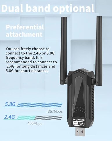 محول USB WiFi للكمبيوتر الشخصي، 1300 ميجابت في الثانية ثنائي النطاق 2.4 جيجا هرتز/400 ميجا بت في الثانية و5.8 جيجا هرتز/867 ميجا بت في الثانية 5dBi هوائي مزدوج عالي الكسب 802.11AC USB 3.0 محول واي فاي لاسلكي يدعم WIN7/8/8.1/10/11/XP/Vista/Mac OS 10.9-10.1 in Kuwait