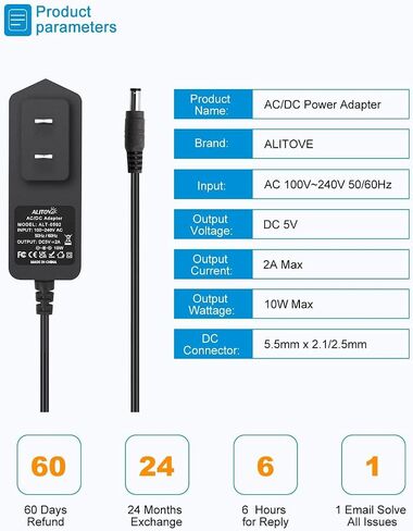 ALITOVE 5V 2A Power Supply Adapter Charger 5 Volt 10W AC 100-240V 50-60Hz Replacement Power Cord 2000mA 1500mA 1A with 8 Tips for Security Camera Baby Monitor Digital Photo Frame TV Box LED Light in Kuwait