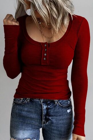 FANGJIN قمصان نسائية شتوية كاجوال بأكمام طويلة تونيك علوية برقبة واسعة تي شيرت للنساء بلوفر عصري للسيدات لون أحمر نبيذي متوسط in Kuwait