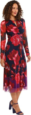 London Times Women's Keyhole Midi Abstract Watercolor Print Mesh Long Sleeve Dress in Saudi Arabia