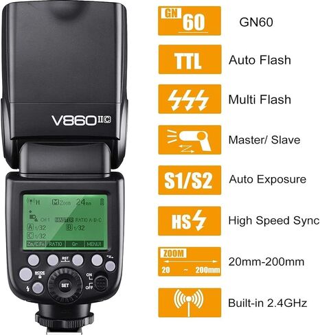 Godox V860II-N Camera Flash for Nikon Flash Speedlite Speedlight Light,2.4G HSS 1/8000s,650 Full-Power Flashes,11.1V/2000mAh Li-ion Battery,1.5s Recycle Time+12 Color Filters+Softbox+Diffuser+Refletor in Saudi Arabia