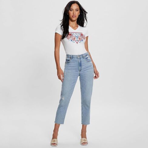 GUESS Women's Short Sleeve V Neck Roses Triangle Tee Shirt in Saudi Arabia