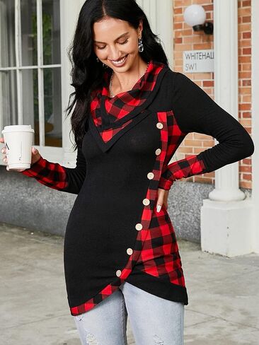 بلوزة نسائية من CHARMMA بأكمام طويلة ورقبة متدلية وحاشية غير متماثلة منقوشة باللون الأبيض، مقاس كبير in Kuwait