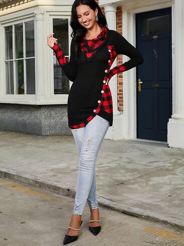 بلوزة نسائية من CHARMMA بأكمام طويلة ورقبة متدلية وحاشية غير متماثلة منقوشة باللون الأبيض، مقاس كبير in Kuwait