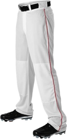 Alleson Athletic Men's Baseball Pant with Braid. Relaxed Fit and Machine Washable White/Scarlet Baseball Pants with Belt Loop (Style 605WLB), Medium in Kuwait